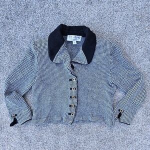 St John Black White Gold Houndstooth Plaid Knit Cropped Jacket Blazer Size 4
